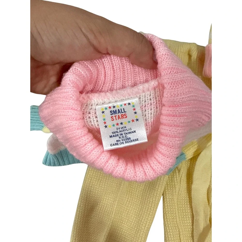 VTG Small Stars Toddler Knit Sweater Set 24M Cat Patch Pastel Yellow Pink